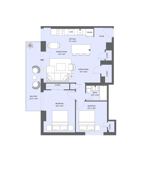 A floor plan of a house with a living room, two bedrooms, a bathroom, and a kitchen.